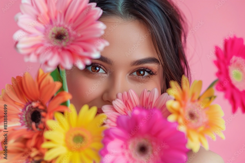 A charming close-up cropped portrait of a cheerful brunette Latin lady, attractively hiding behind colorful flowers, perfectly suited for a florist advert, against a pink pastel background. A charming close-up cropped portrait of a cheerful brunette Latin lady, attractively hiding behind colorful flowers, perfectly suited for a florist advert, against a pink pastel background.