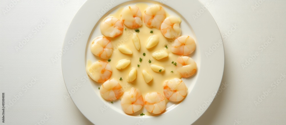 A top down view of prawns and Emmental cheese arranged on a white plate creating a visually appealing copy space image A top down view of prawns and Emmental cheese arranged on a white plate creating a visually appealing copy space image