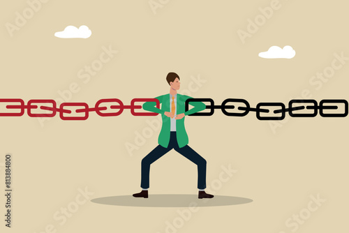 Problem solving, supply chain, connection or reliability to hold chain together, businessman holding supply chain.