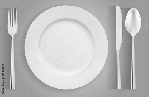 photorealistic vector drawing of cutlery ready to eat, plate, spoon, fork, knife view from above