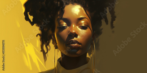 Closeup portrait of a beautiful black woman with curly hair and golden skin, wearing a yellow turtleneck blouse against a mustard yellow background