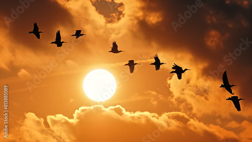 Silhouettes of birds soar across a stunning golden sky at sunset, with dramatic clouds surrounding the radiant sun. 