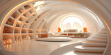 Futuristic library interior with white walls and orange accents