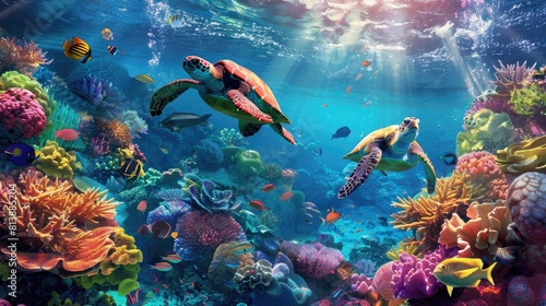 Enchanting Underwater Landscape with Turtle Gliding Through Sunlit Waters © Landscape Planet