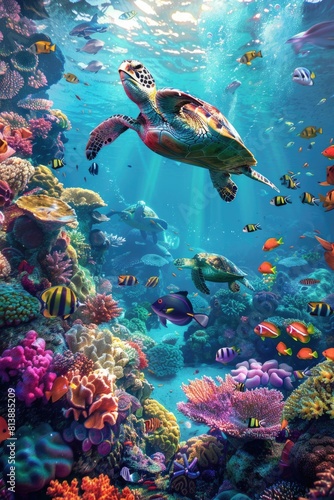 Vibrant Underwater Seascape with Swimming Turtle © Landscape Planet