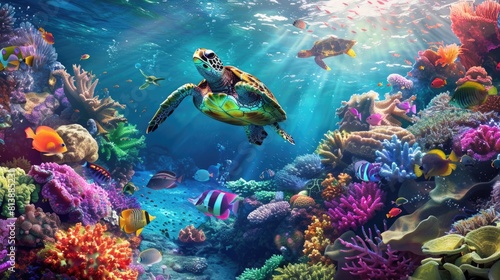 Vibrant Underwater Seascape with Swimming Turtle © Landscape Planet