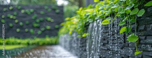 Refreshing Garden Waterfall Over Textured Stone Wall with Lush Greenery