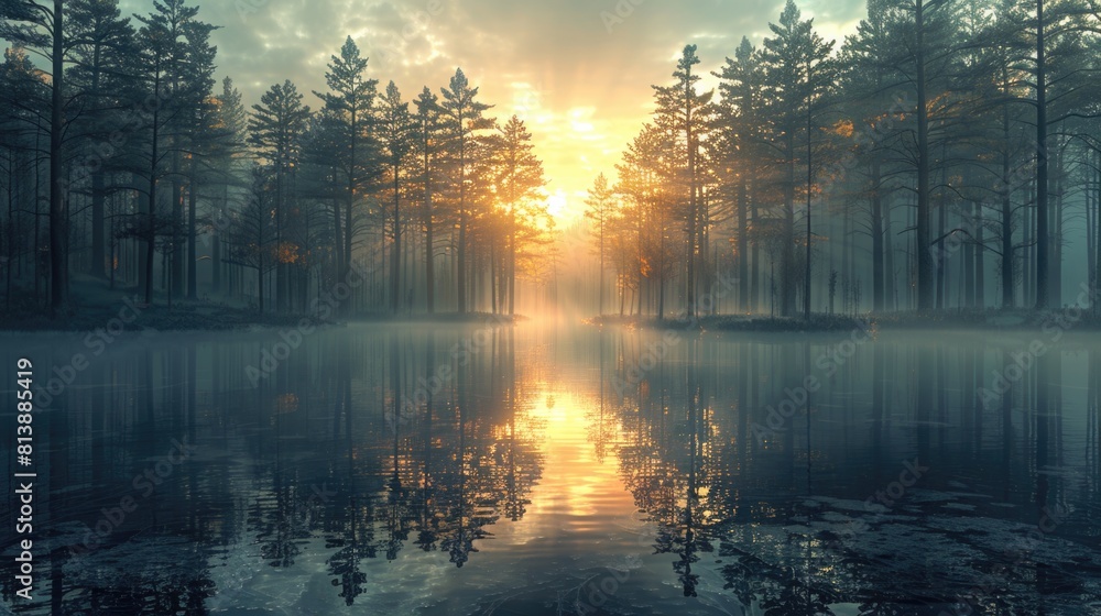 Mystical Sunrise Through Misty Pine Forest Reflected on Water Mystical Sunrise Through Misty Pine Forest Reflected on Water