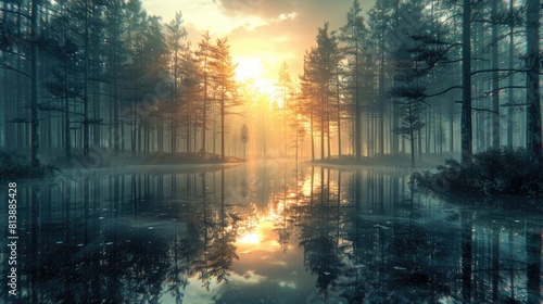 Mystical Sunrise Through Misty Pine Forest Reflected on Water