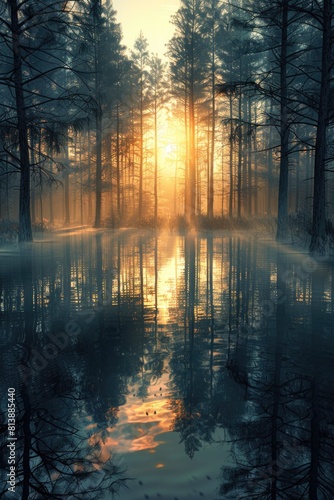Golden Sunlight Piercing Through Fog Over Serene Forest Lake