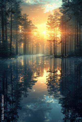 Mystical Sunrise Through Misty Pine Forest Reflected on Water