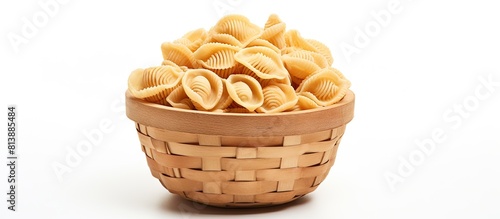 Italian torchiette pasta in a wicker canister captured in a photo with a white background providing ample copy space photo