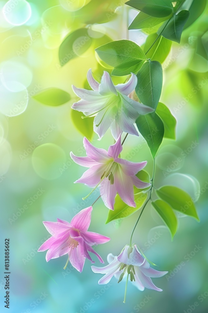 Row of Vibrant Hanging Bell Flowers with Sunlit Soft Bokeh Effect Row of Vibrant Hanging Bell Flowers with Sunlit Soft Bokeh Effect