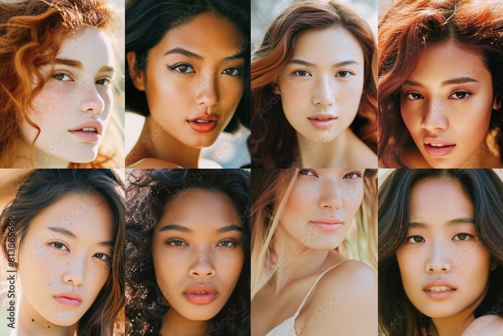 A vibrant collage showcasing multi-ethnic and diverse women looking directly at the camera, celebrating beauty across different ages, backgrounds, ethnicities, and hairstyles, all smiling warmly toget A vibrant collage showcasing multi-ethnic and diverse women looking directly at the camera, celebrating beauty across different ages, backgrounds, ethnicities, and hairstyles, all smiling warmly toget