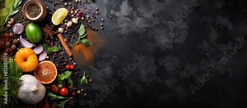 Fototapeta Naklejka Na Ścianę i Meble -  Top view of a cooking background with black stone spices and vegetables There is free space available for your text in the image. Copy space image. Place for adding text and design