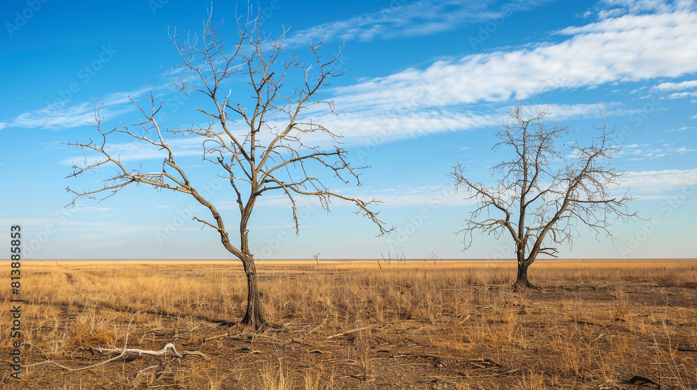 Obraz premium barren deserted field with dry, empty trees