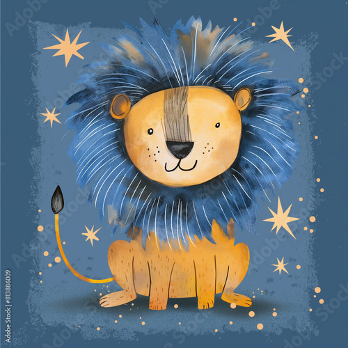 estampa de camiseta infantil leão feliz azul photo
