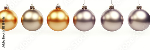 A row of hanging gold and silver Christmas ornaments on a white background.