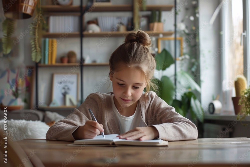 Young girl attentively taking notes during an online lesson at a table indoors, engaged in e-learning. Young girl attentively taking notes during an online lesson at a table indoors, engaged in e-learning.