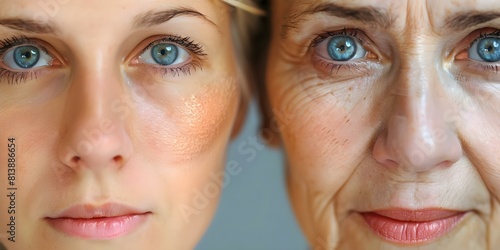 Comparing nasolabial folds in young and old women using antiaging skincare. Concept Skincare products, Anti-aging techniques, Nasolabial folds, Aging signs, Beauty routine photo