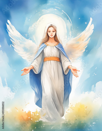 Assumption of the Blessed Mary holiday concept, watercolor art style, copyspace on a side