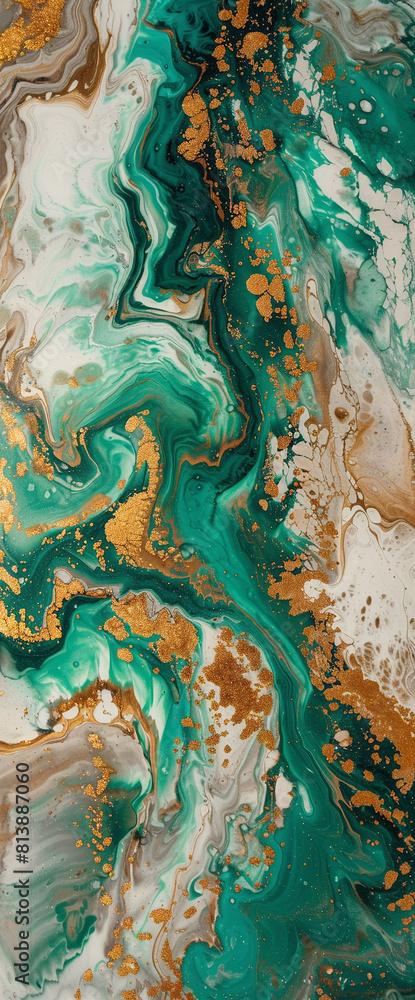 Mesmerizing blend of emerald green and gold, liquid art painting conveys tranquility and luxury.