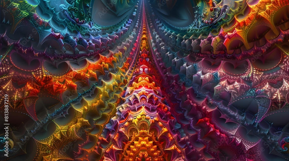 Fototapeta premium Captivating Mandala of Vibrant Kaleidoscopic Patterns and Intricate Fractal Inspired Digital Art