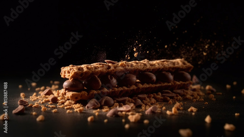 Chocolate Wafer Biscuit Long Bar Flying With Hazelnut Pieces Crumbs in Speed Light on Limbo Dark Blurry Background