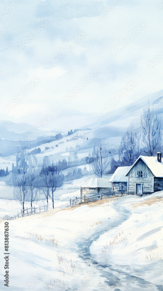 A winter wonderland of a remote snowy mountain cabin, painted in watercolors with cool blue tones, evokes feelings of peace and tranquility.