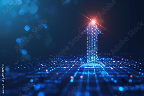 Illustration on a dark blue background with a grid and a light arrow pointing up, symbolizing growth in digital business. This concept emphasizes progress and development, demonstrating successes and 