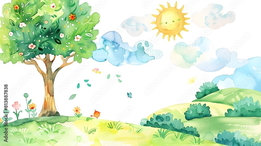 Naklejka premium Vibrant Watercolor Landscape with Flourishing Tree and Sunny Skies