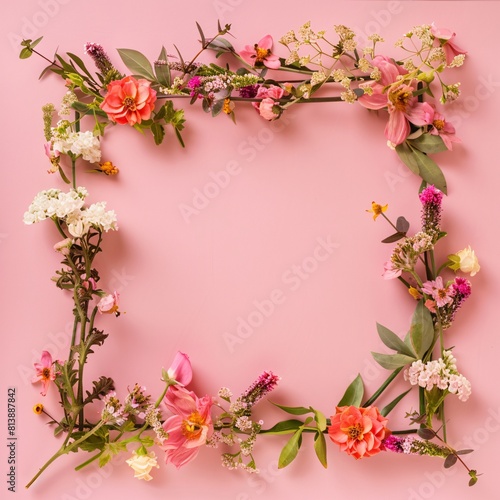 valentine s day background frame made of pink flowers hearts on pastel pink background valentines day concept flat lay top view copy space © AriyaniAI