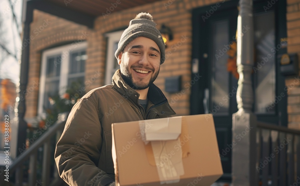 Smiling delivery man holding cardboard box on street.