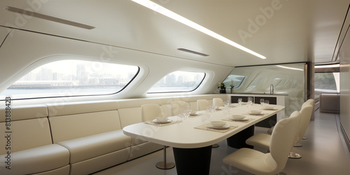 futuristic luxury yacht interior with white leather and glass