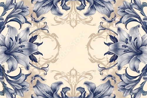 Decorative retro border featuring lilies. Vector artwork in beige and blue tones.