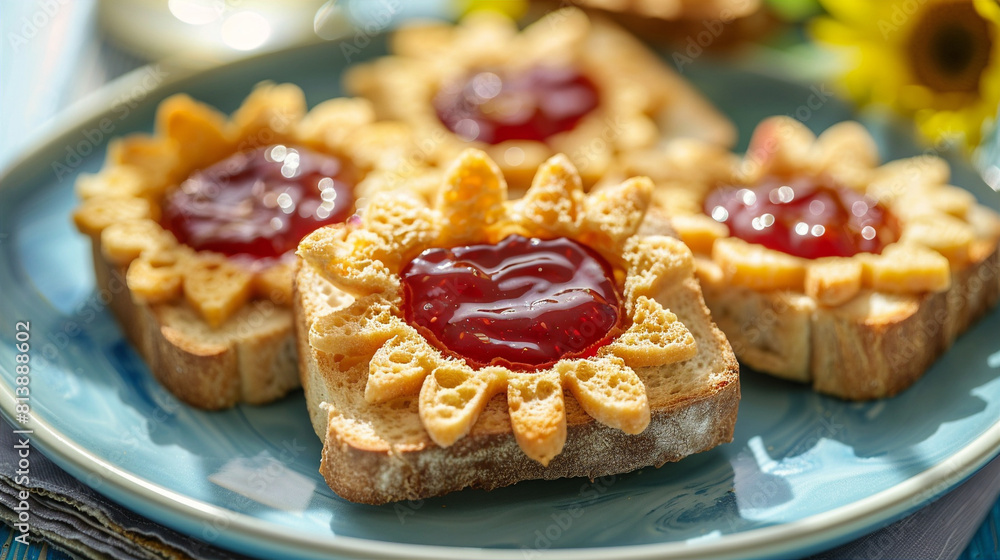 Sunflower-shaped toasts with jam on blue plate represent happiness and joy of summer