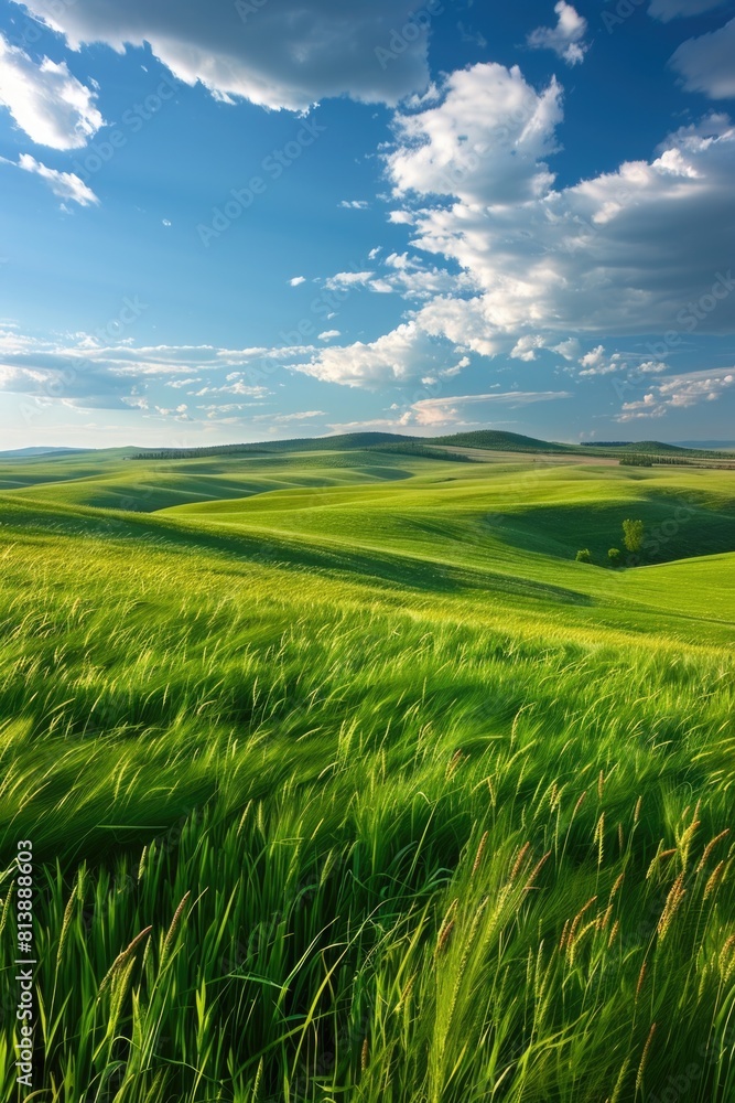 Fototapeta premium Green Fields and Clouds Over Lush Countryside