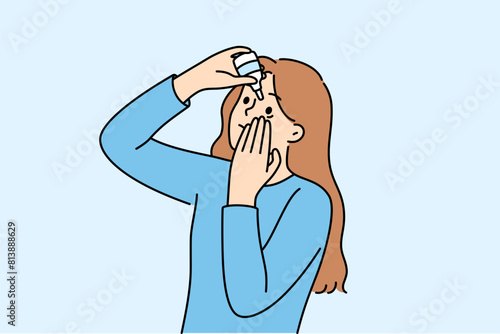 Woman uses eye drops to improve vision or reduce dry pupils causing ophthalmic diseases. Young girl with eye drops recommended by ophthalmologist to avoid blindness and conjunctivitis.