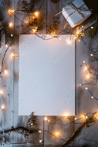 A piece of white blank paper surrounded by beautiful fairy lights  photo