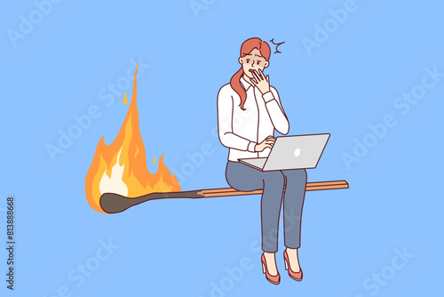 Woman freelancer is afraid of danger of violating business deadlines, sitting on burning match with laptop on lap. Girl with computer fearful of becoming victim of burnout due to strict deadlines