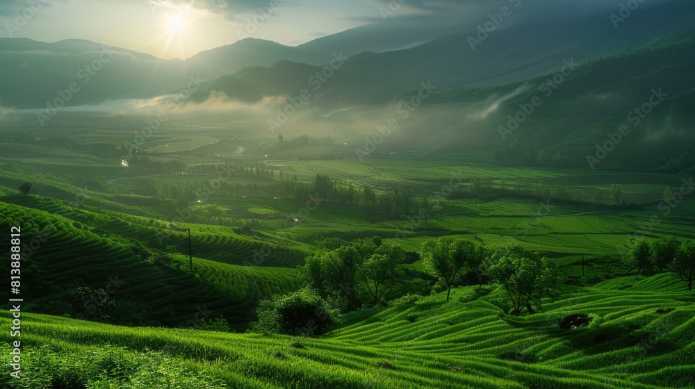 Fototapeta premium Misty Sunrise Over Lush Green Tea Fields