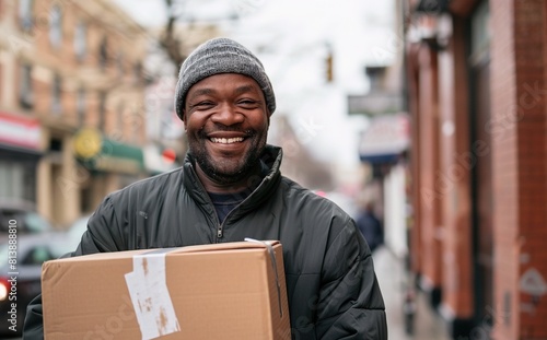 Smiling delivery man holding cardboard box on street. © Viktor
