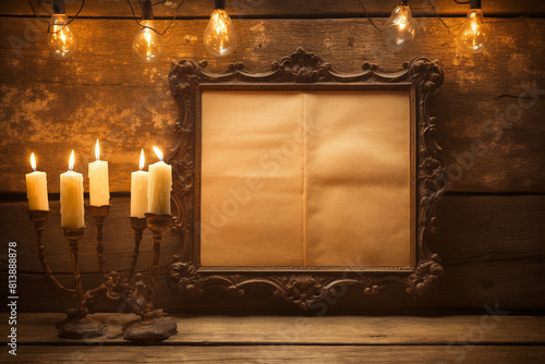 Retro styled still life with a blank frame and burning candles on a wooden background