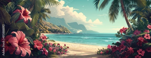 Tropical Paradise: Secluded Beach with Lush Florals and Palm Trees photo