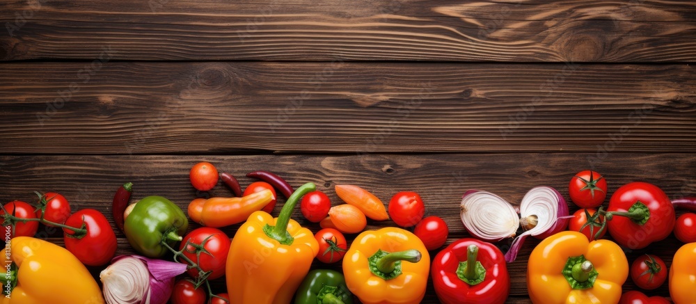 A top view of fresh bell peppers tomatoes and onions arranged on a wooden table creating a vibrant and colorful image with room for additional content A top view of fresh bell peppers tomatoes and onions arranged on a wooden table creating a vibrant and colorful image with room for additional content