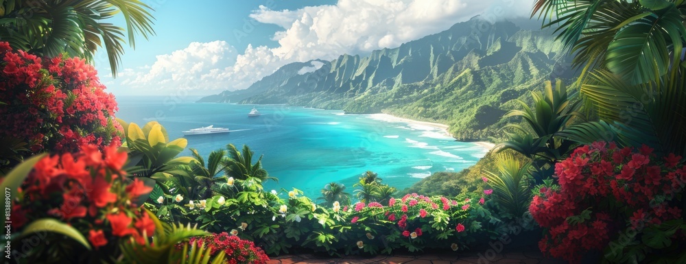 Panoramic Seascape Framed by Blossoming Flowers and Mountain Range