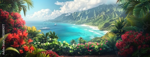 Panoramic Seascape Framed by Blossoming Flowers and Mountain Range