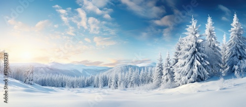 A snowman in the winter scenery is seen in a panoramic view providing enough space for additional imagery
