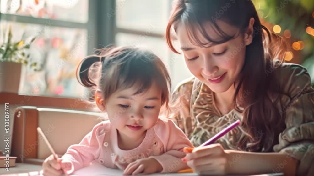 Asian mother and her cute little daughter participate in a warm family activity. Happy drawing with colored pencils in the warm atmosphere of love in the family. Asian mother and her cute little daughter participate in a warm family activity. Happy drawing with colored pencils in the warm atmosphere of love in the family.