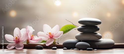 A serene spa setting with wooden backdrop adorned with delicate flowers and smooth zen stones leaving ample room for a copy space image